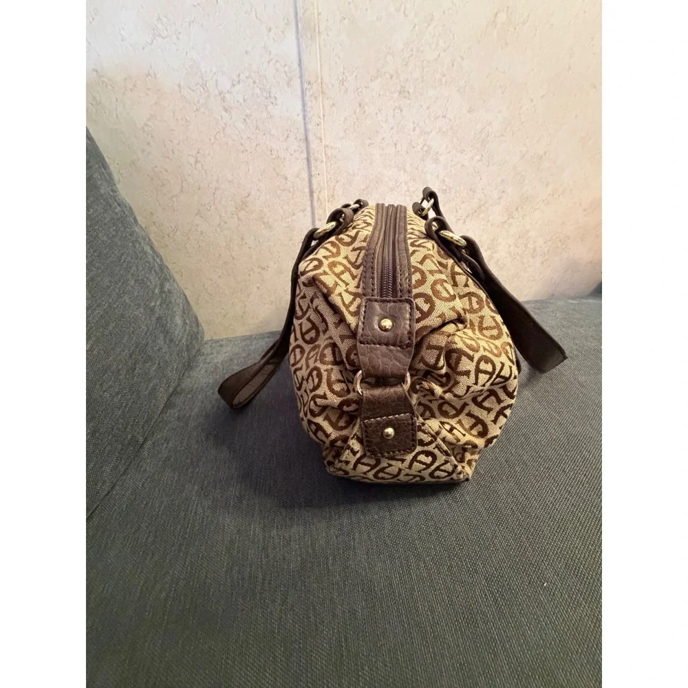 Etienne Aigner Monogram Jacquard Satchel‎ Bag Brown Tan Gold Tone Hardware